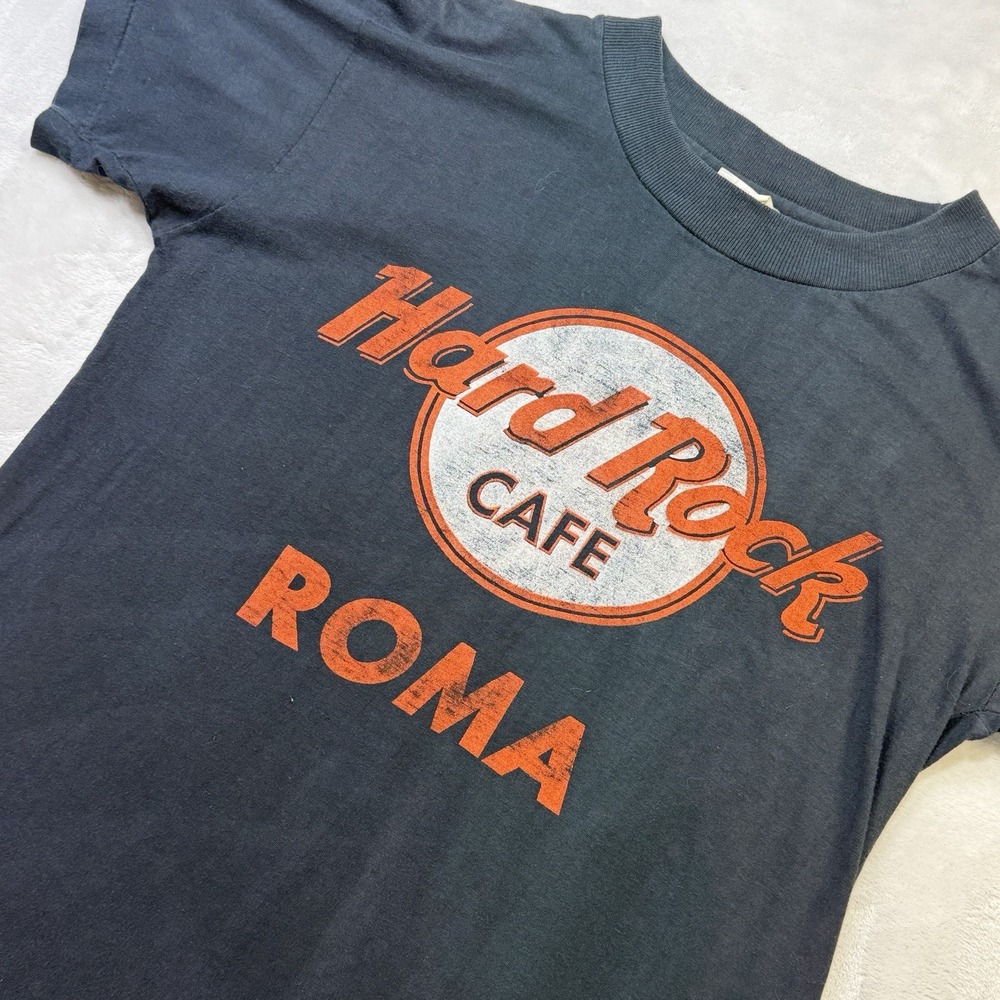 Vintage 80s Hard Rock Cafe Roma Italy Single Stitch Shirt New Cavisma Black Tee